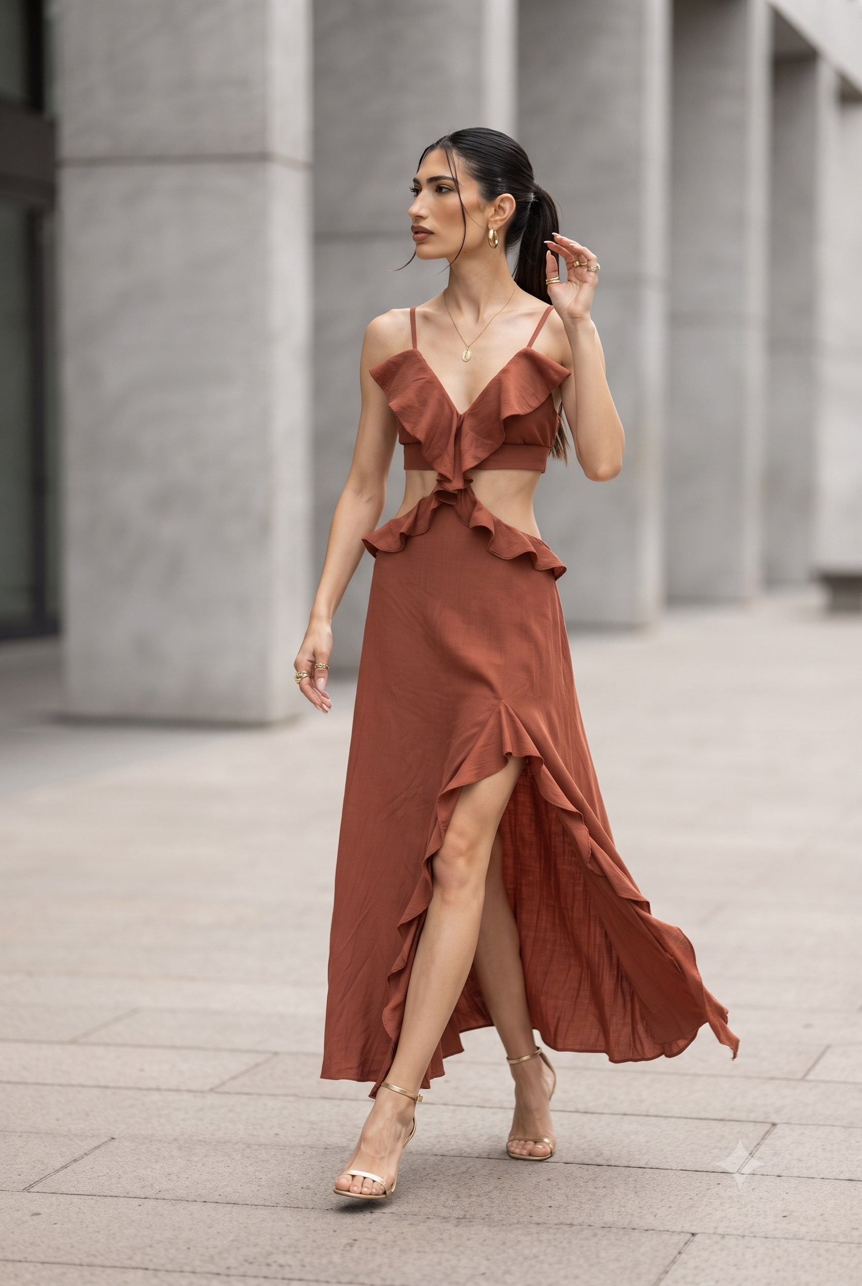 RUFFLED CUT-OUT DRESS