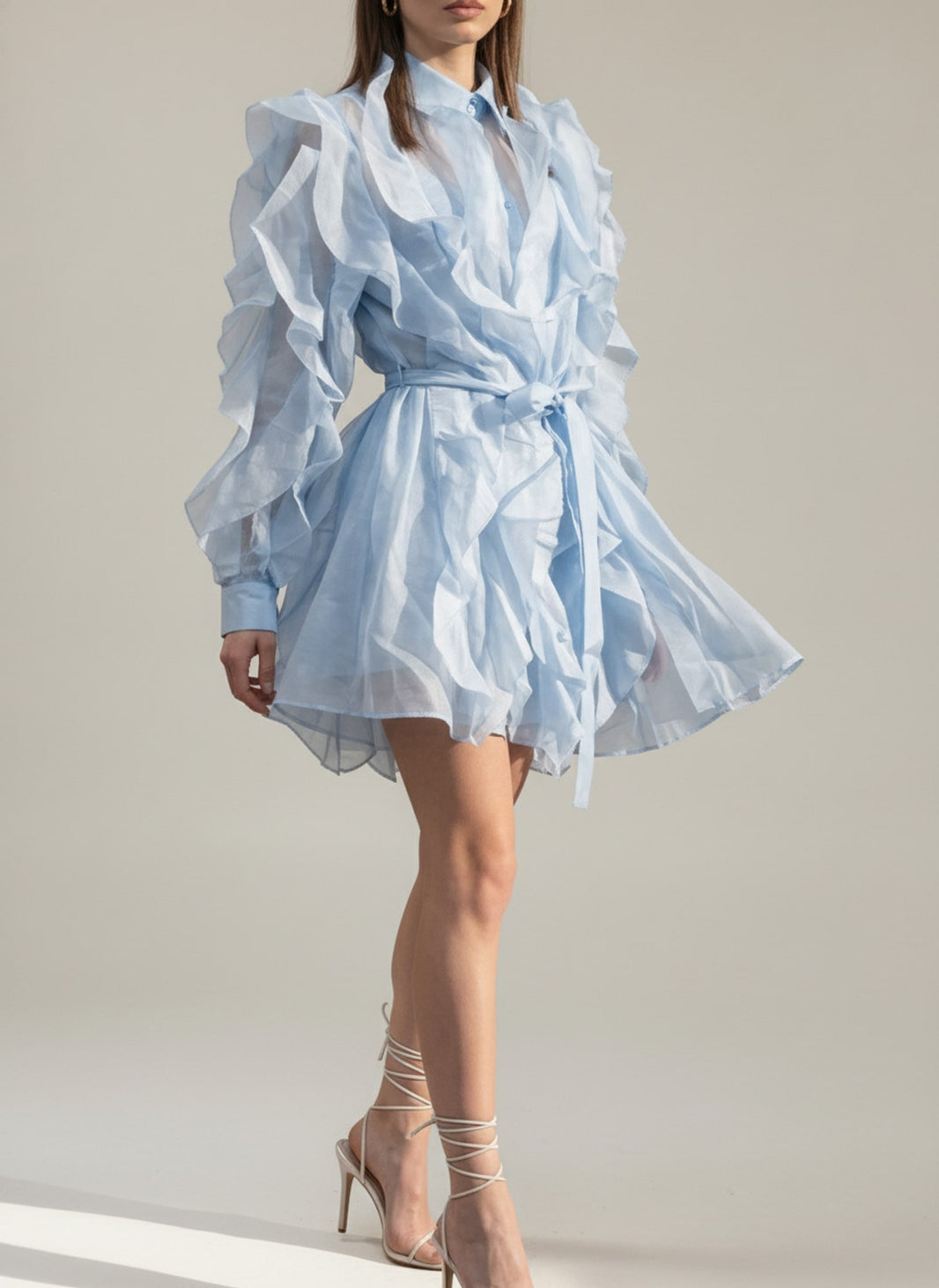ABITO CORTO IN ORGANZA CON ROUCHES Celeste - dettaglio - IRONICA