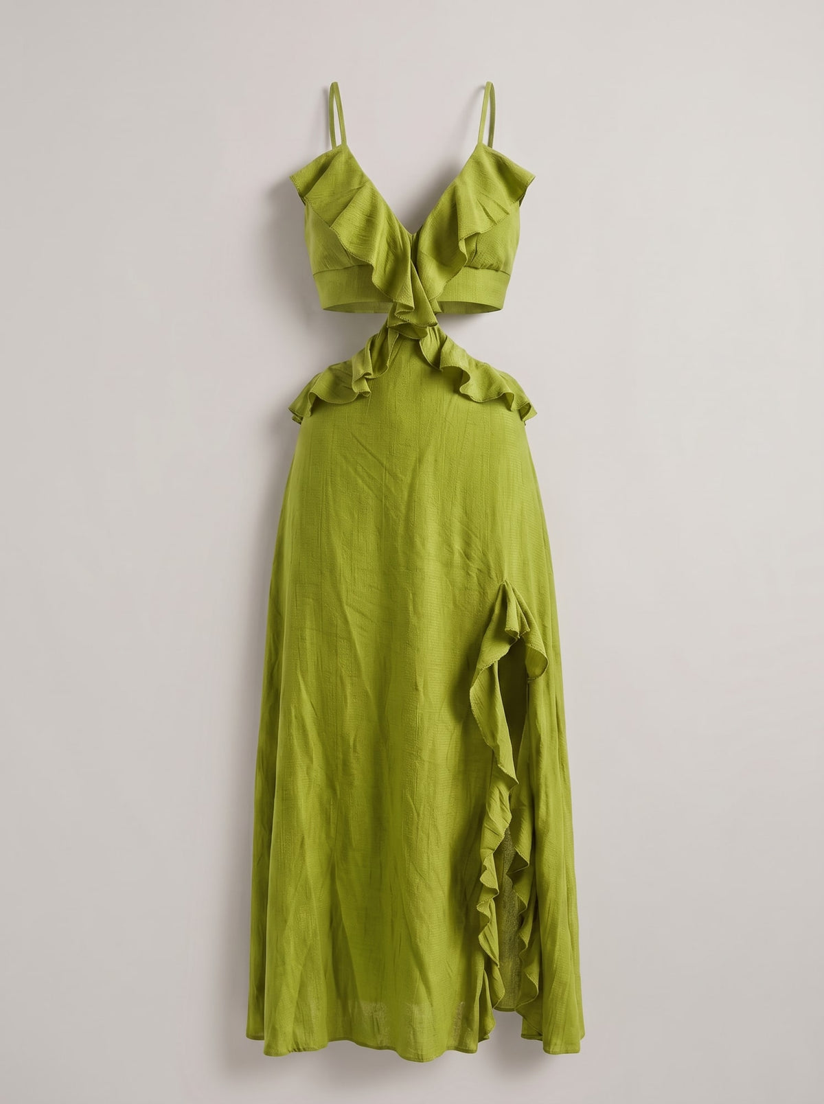 ABITO LUNGO CUT-OUT CON VOLANT Pistacchio - still life - IRONICA