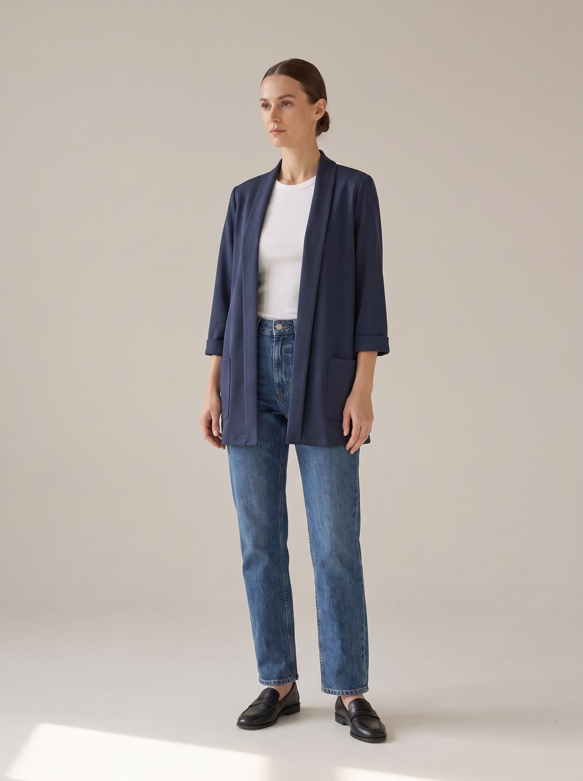 BLAZER APERTO CON COLLO A SCIALLE Denim - indossato - IRONICA