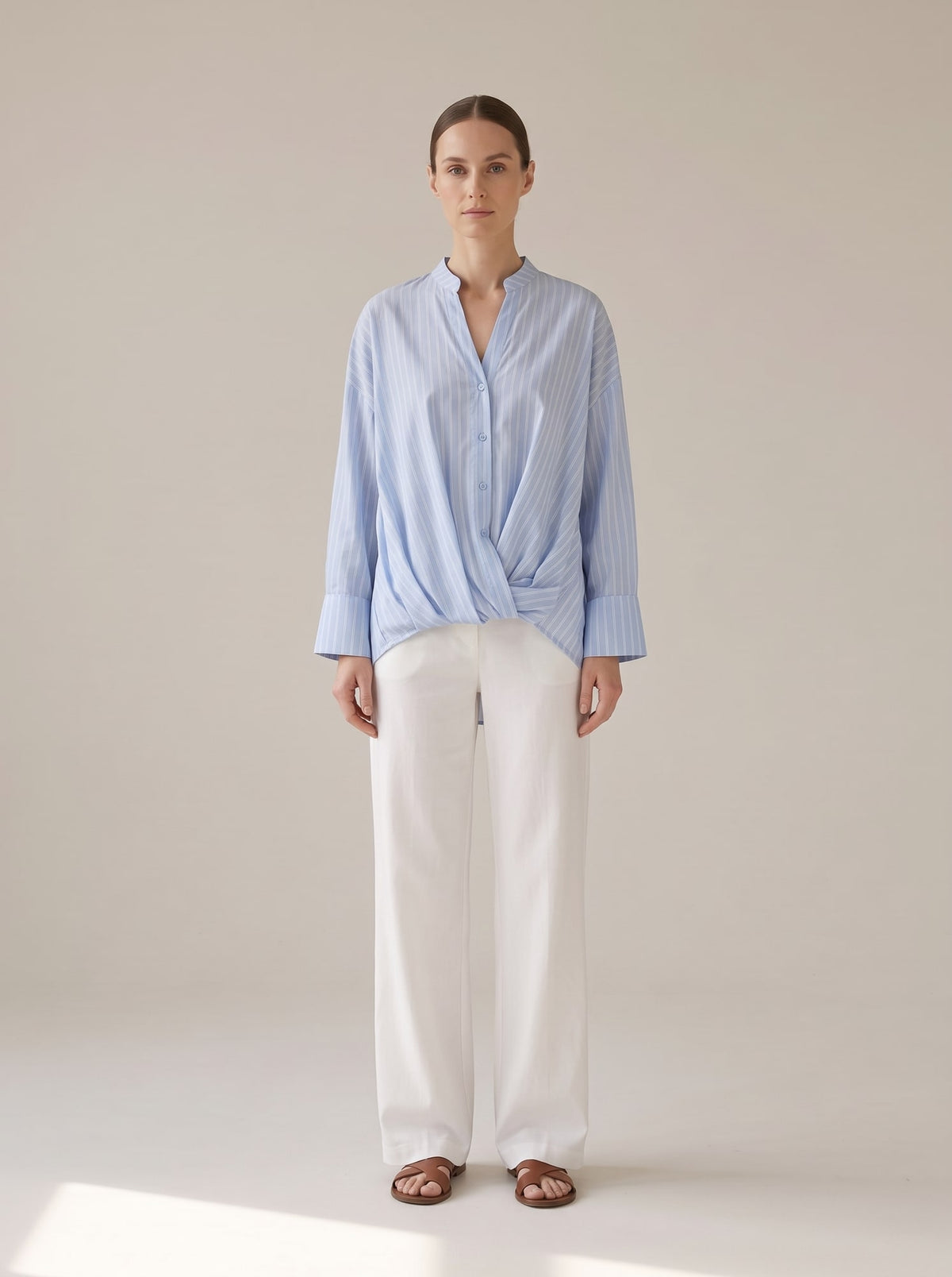 CAMICIA A RIGHE CON NODO Celeste - indossato - IRONICA