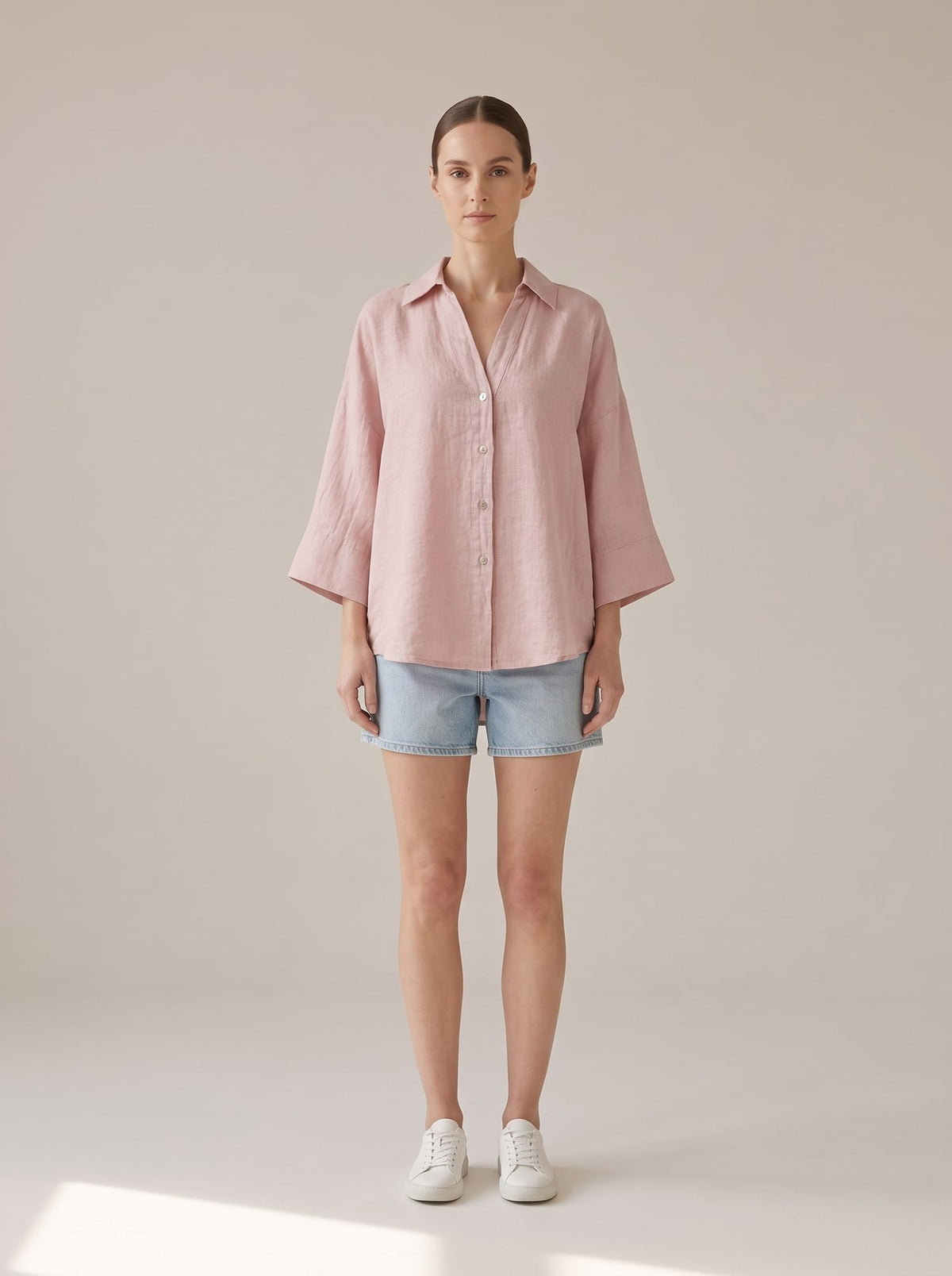 CAMICIA OVERSIZE IN LINO Rosa - indossato - IRONICA