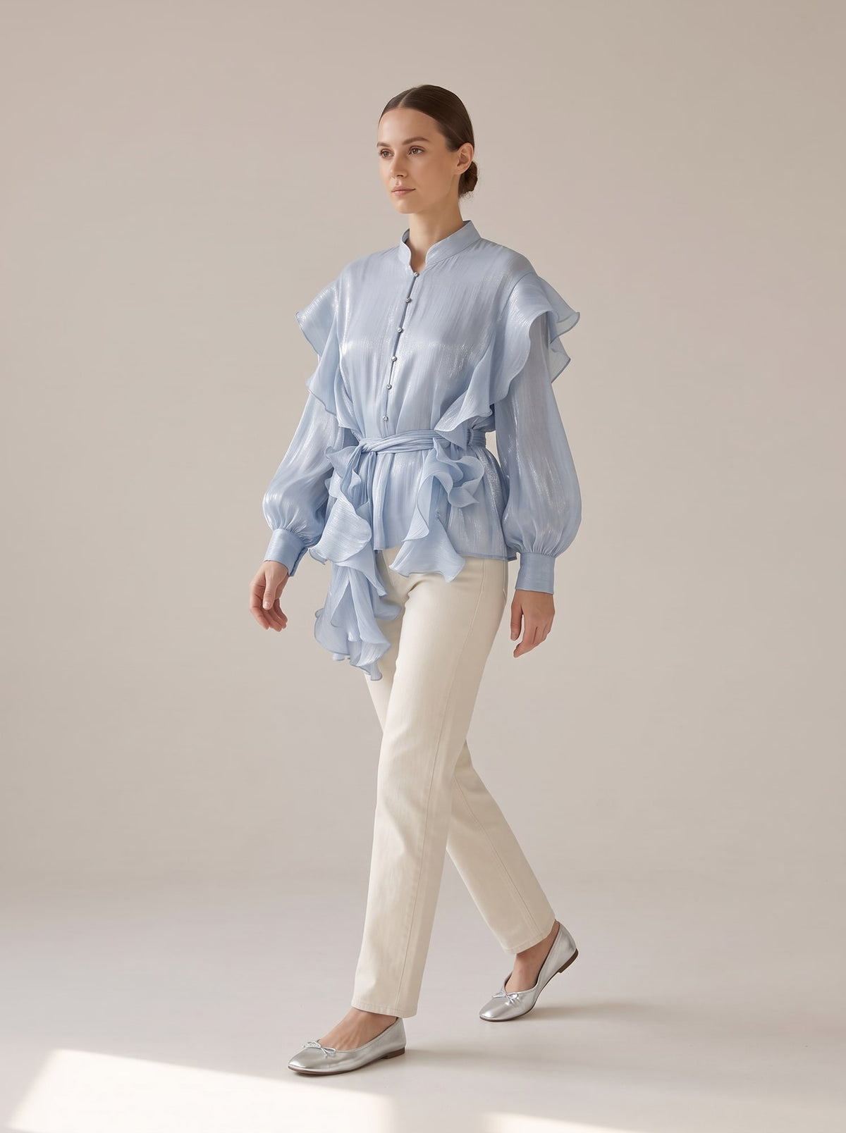 CAMICIA SEMITRASPARENTE CON ROUCHES Blu - in movimento - IRONICA