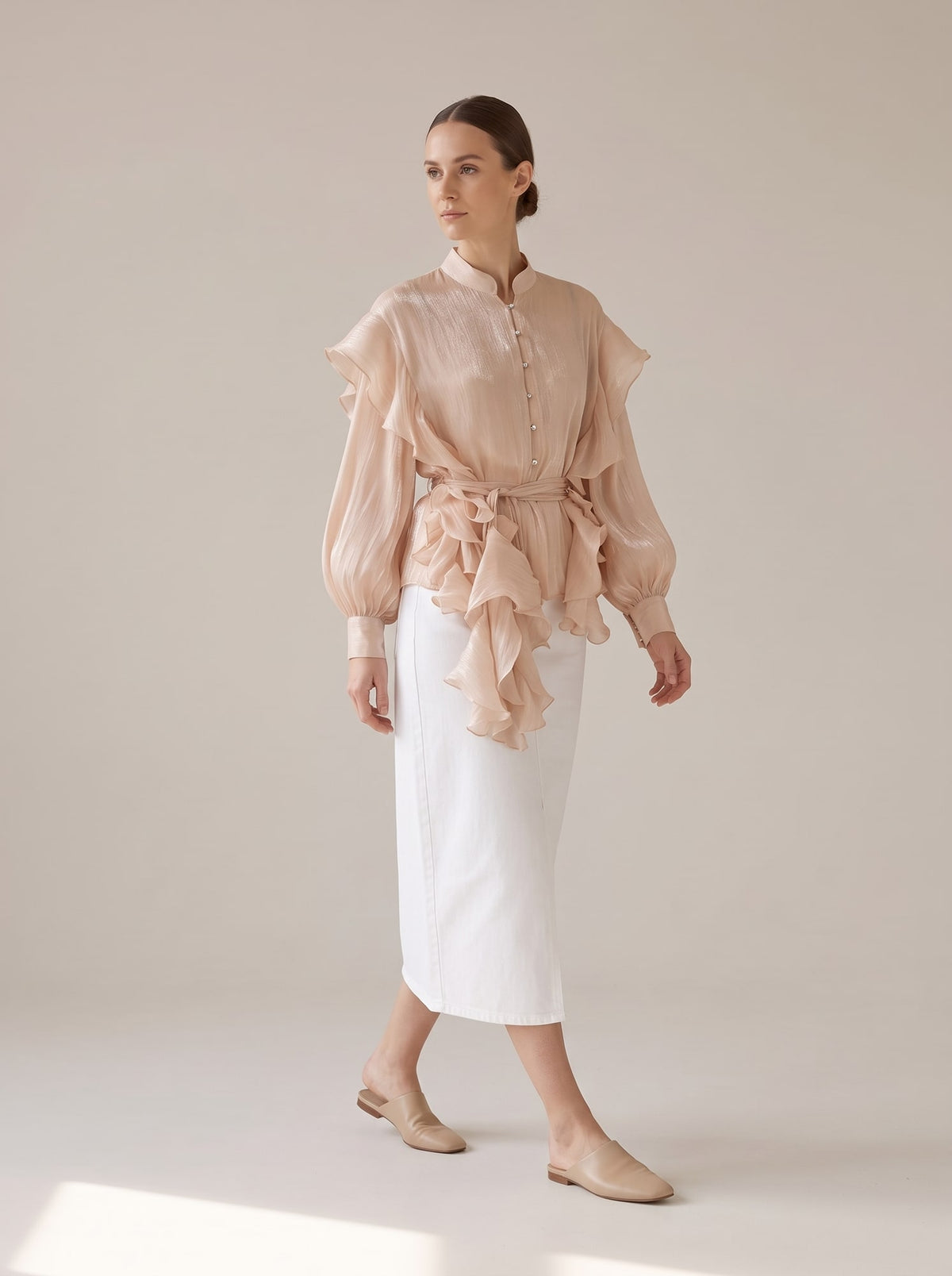 CAMICIA SEMITRASPARENTE CON ROUCHES Rosa - in movimento - IRONICA