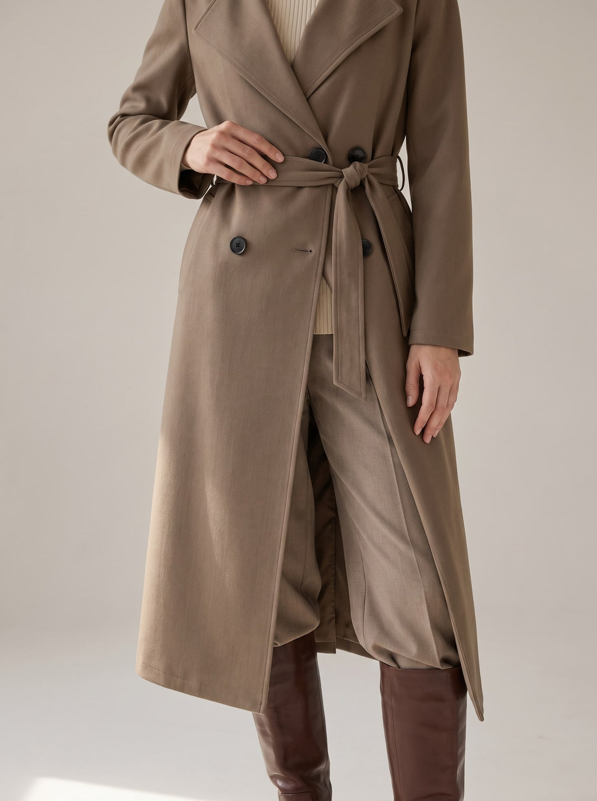 CAPPOTTO DOPPIOPETTO CON CINTURA Caffè - dettaglio - IRONICA