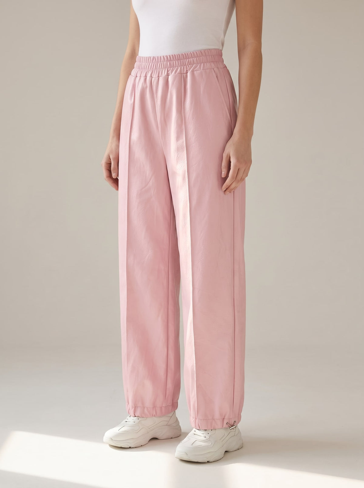 PANTALONE EFFETTO PELLE CON COULISSE Rosa - dettaglio - IRONICA