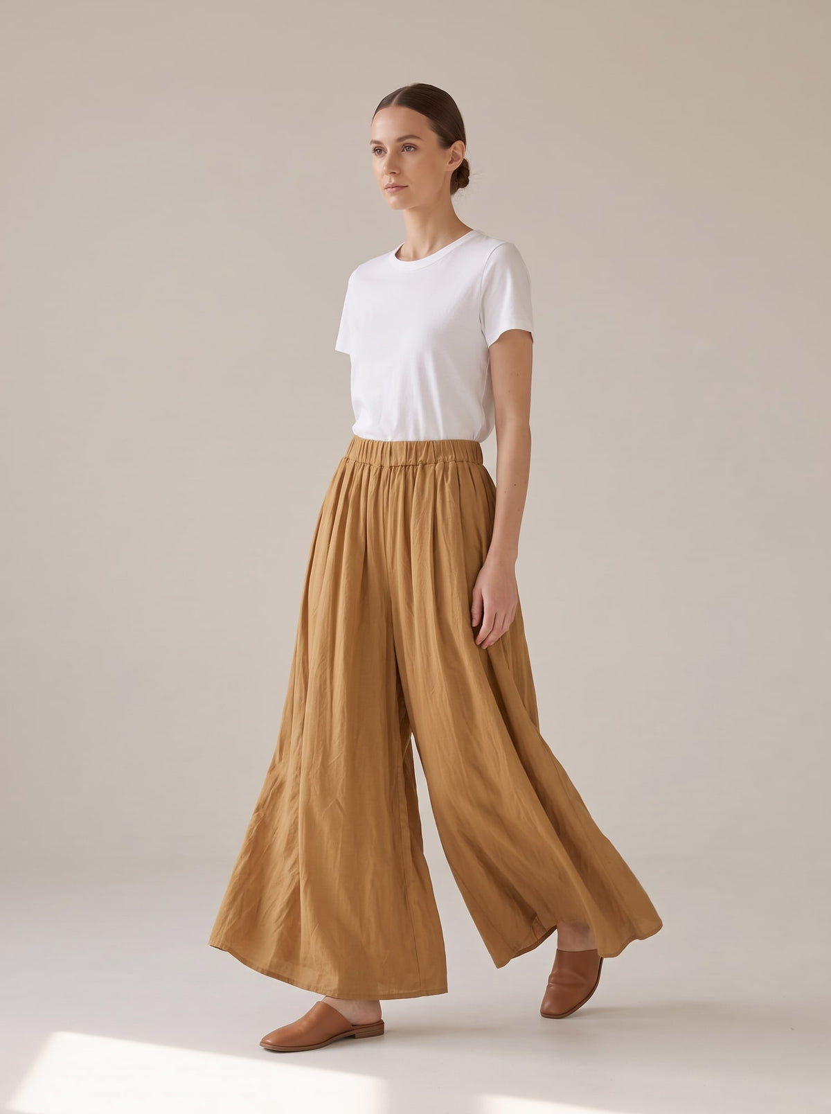 PANTALONI WIDE LEG A VITA ALTA Cammello - in movimento - IRONICA