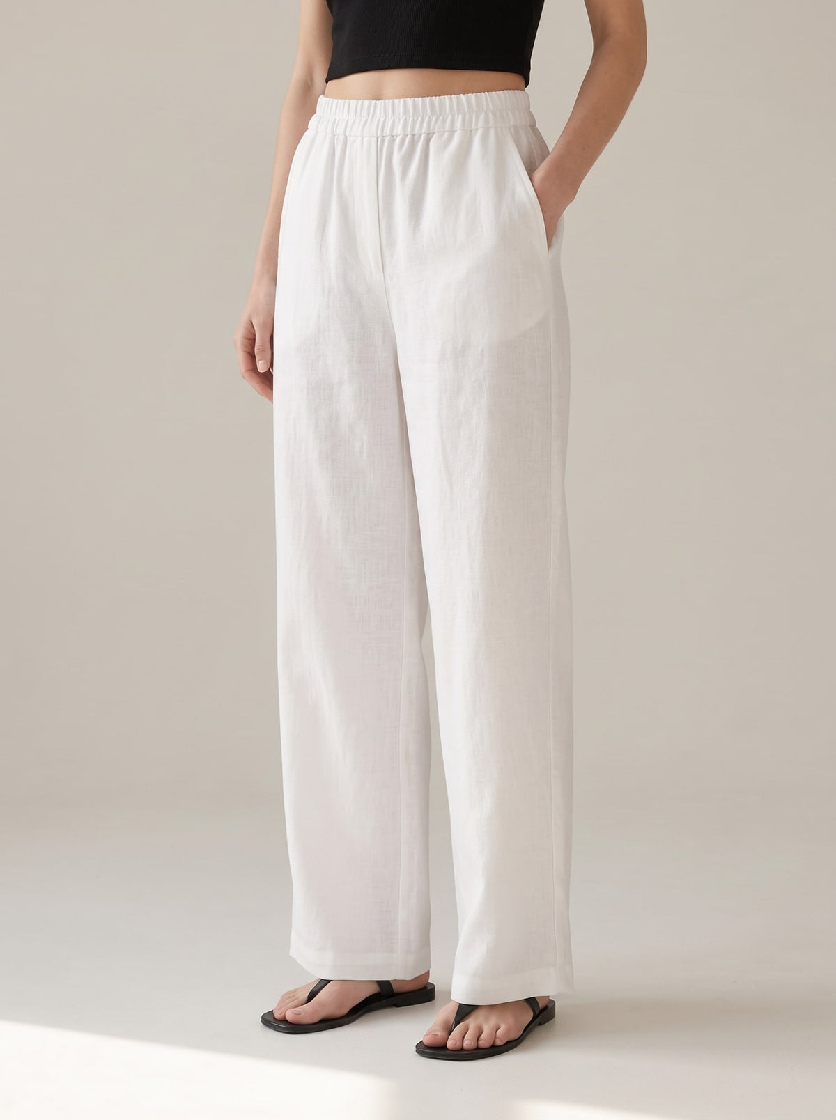 PANTALONI WIDE LEG IN LINO Bianco - dettaglio - IRONICA