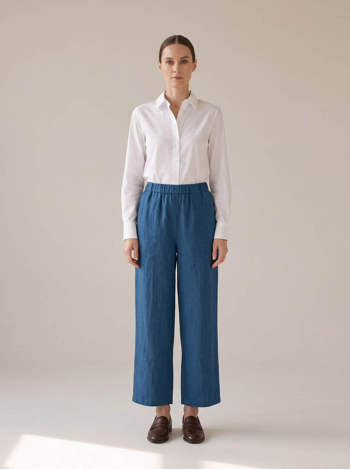 PANTALONI WIDE LEG IN LINO Blu - indossato - IRONICA