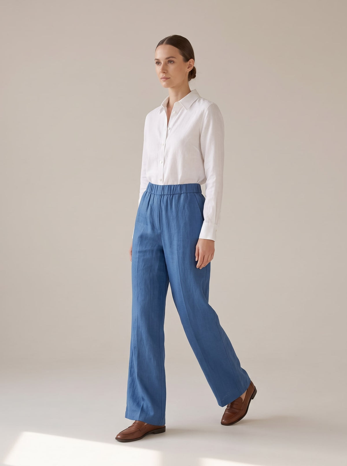 PANTALONI WIDE LEG IN LINO Blu - in movimento - IRONICA