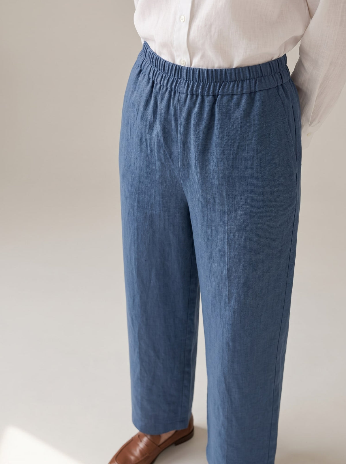 PANTALONI WIDE LEG IN LINO Blu - dettaglio - IRONICA