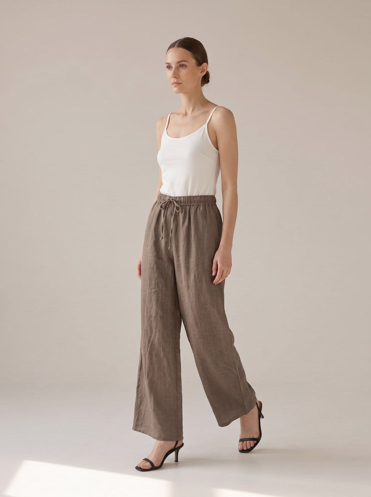 PANTALONI WIDE LEG IN LINO Fango - in movimento - IRONICA