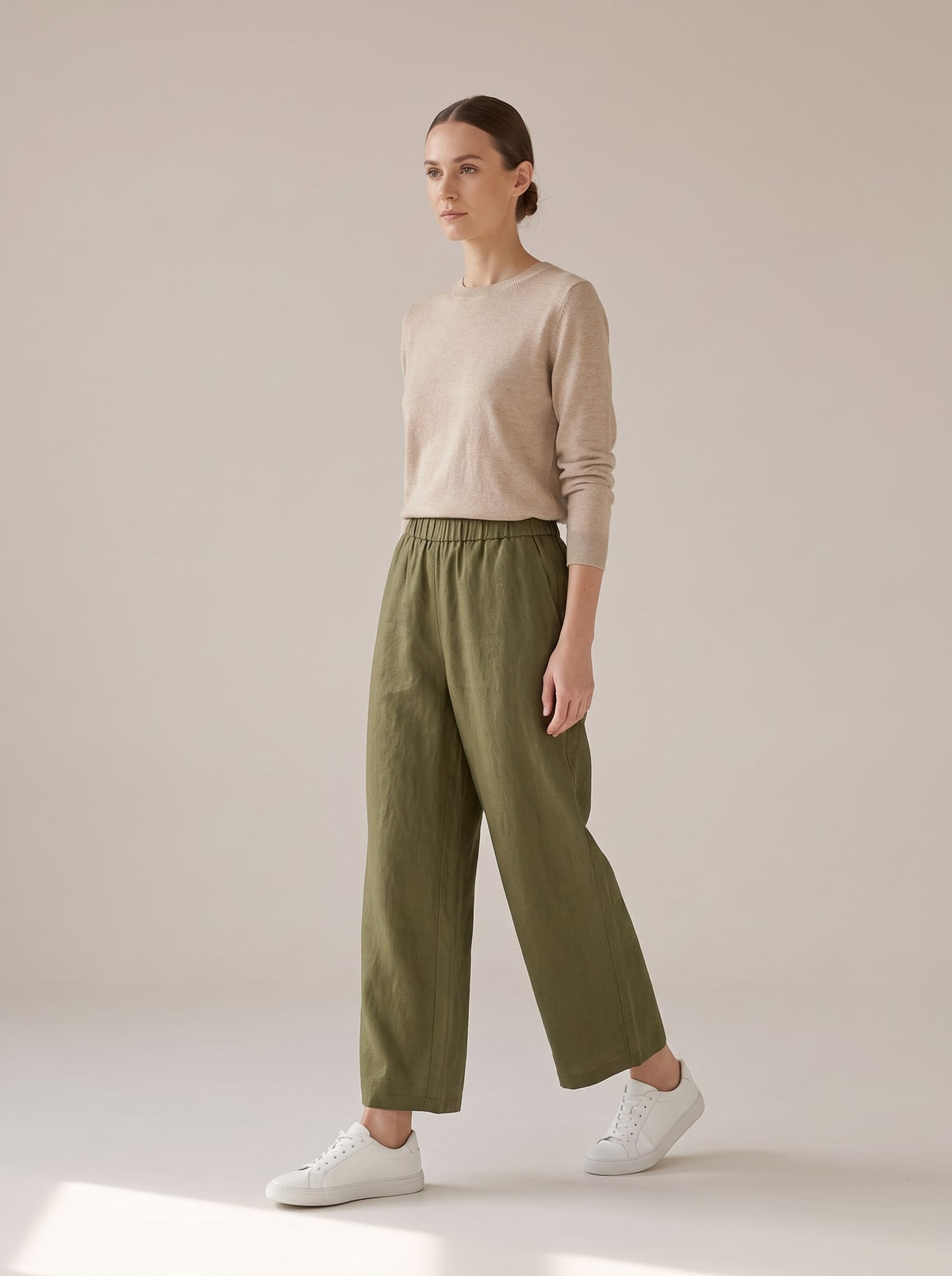 PANTALONI WIDE LEG IN LINO Oliva - in movimento - IRONICA