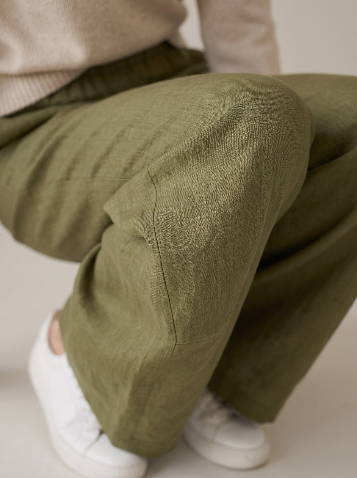 PANTALONI WIDE LEG IN LINO Oliva - dettaglio - IRONICA