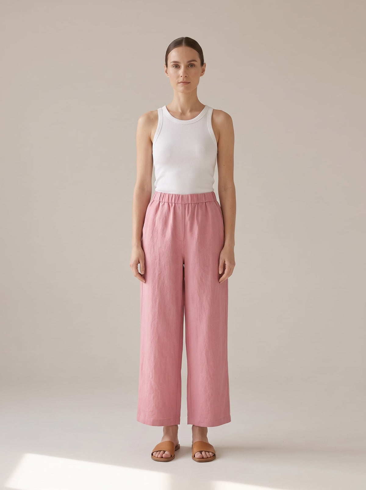 PANTALONI WIDE LEG IN LINO Rosa - indossato - IRONICA