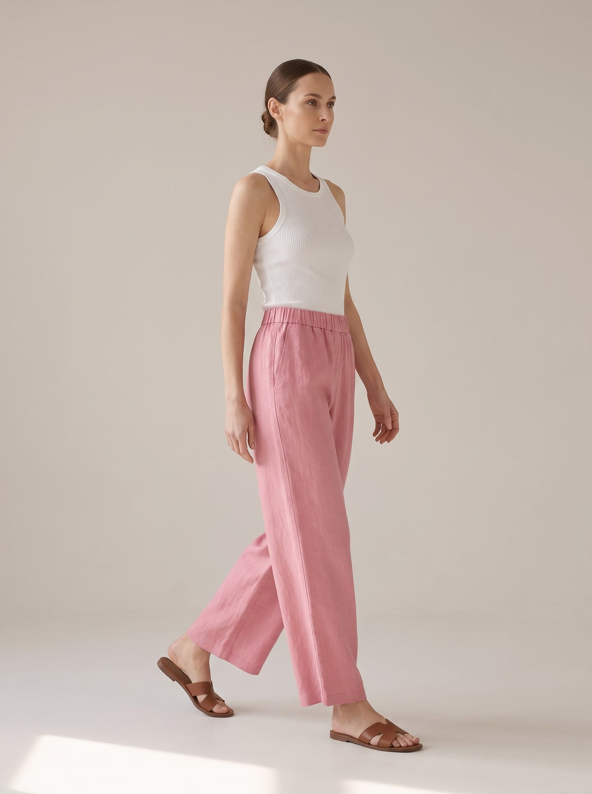 PANTALONI WIDE LEG IN LINO Rosa - in movimento - IRONICA