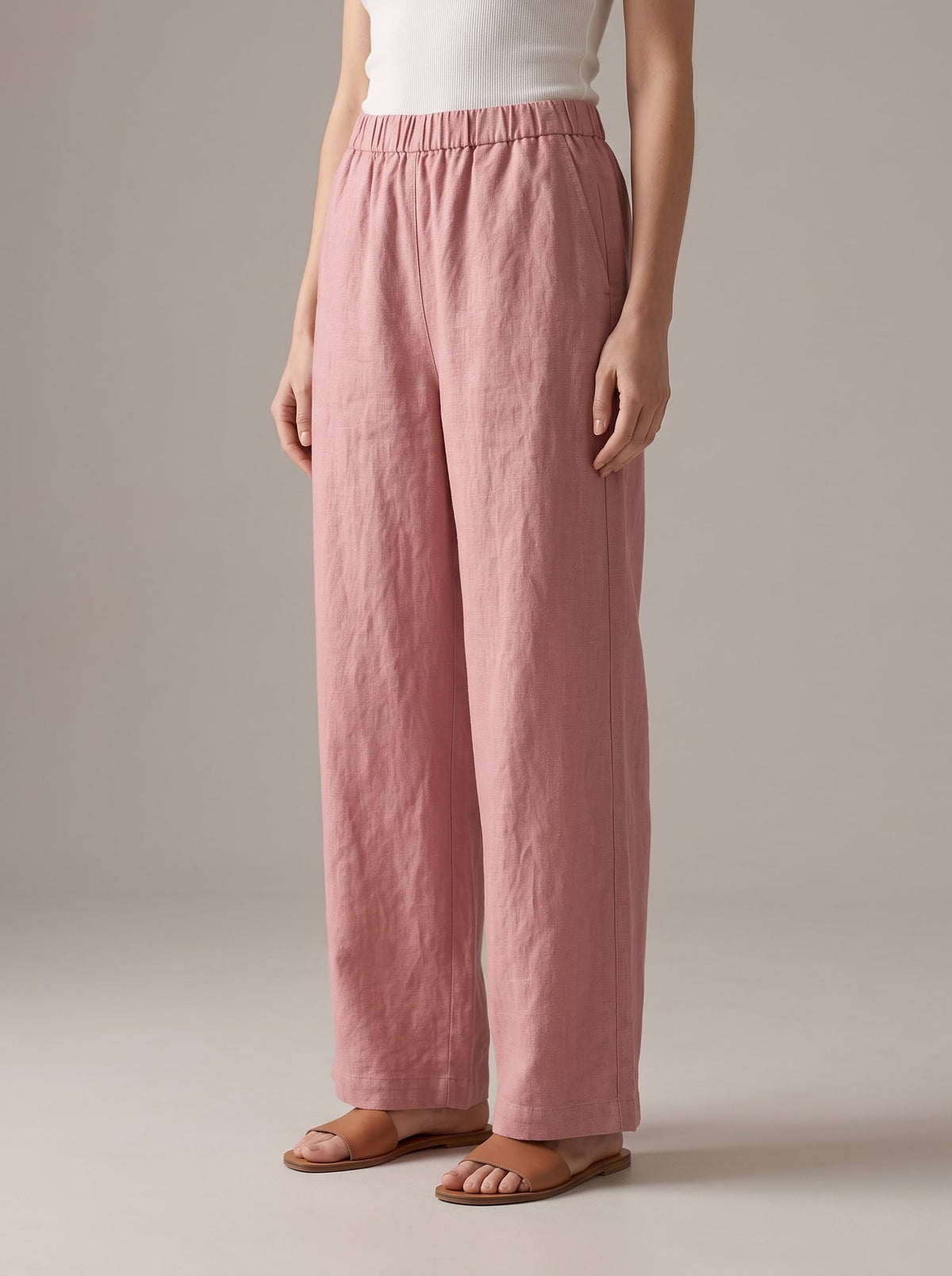 PANTALONI WIDE LEG IN LINO Rosa - dettaglio - IRONICA