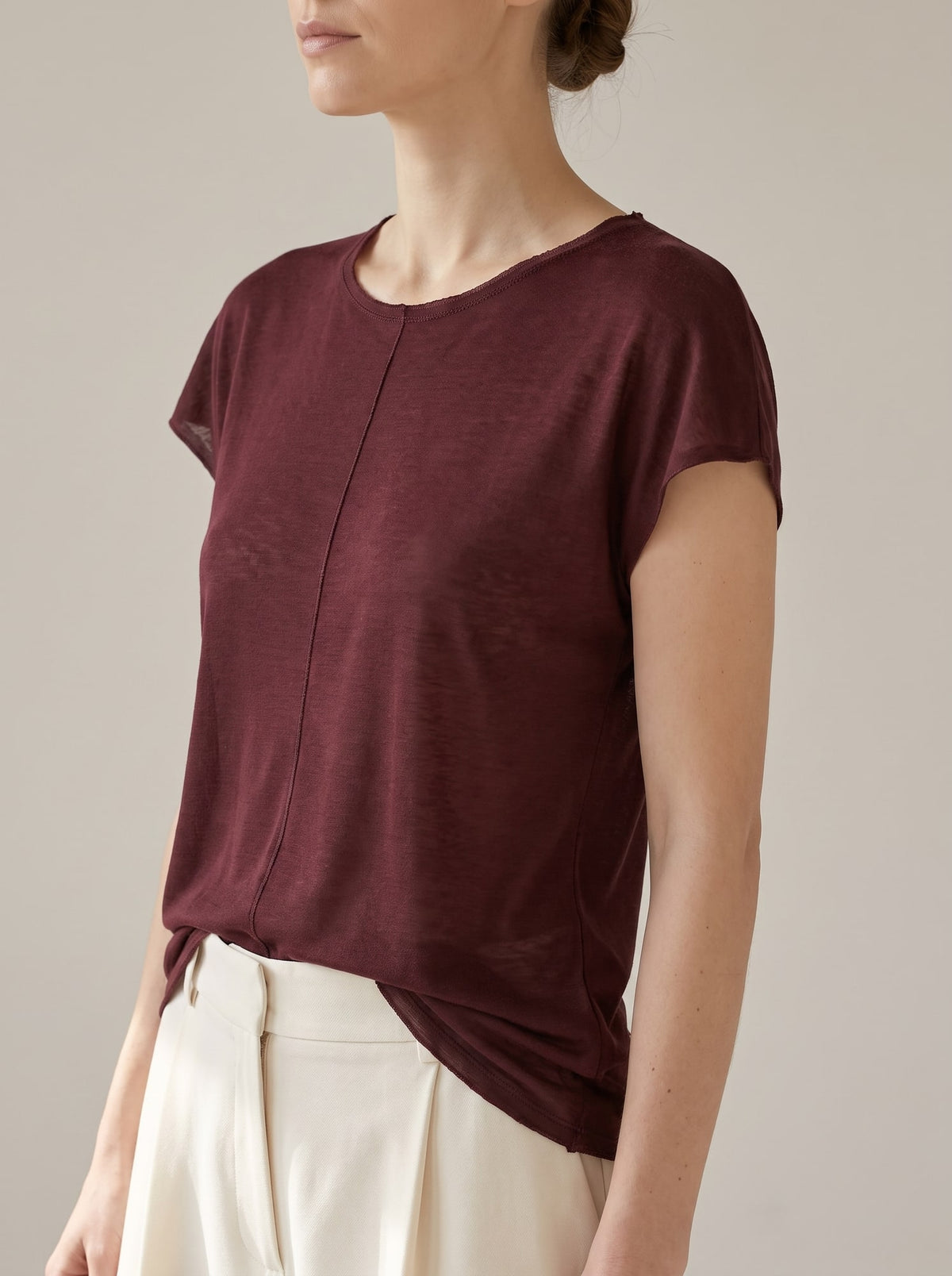 T-SHIRT FLUIDA IN TENCEL E LANA Bordeaux - dettaglio - IRONICA