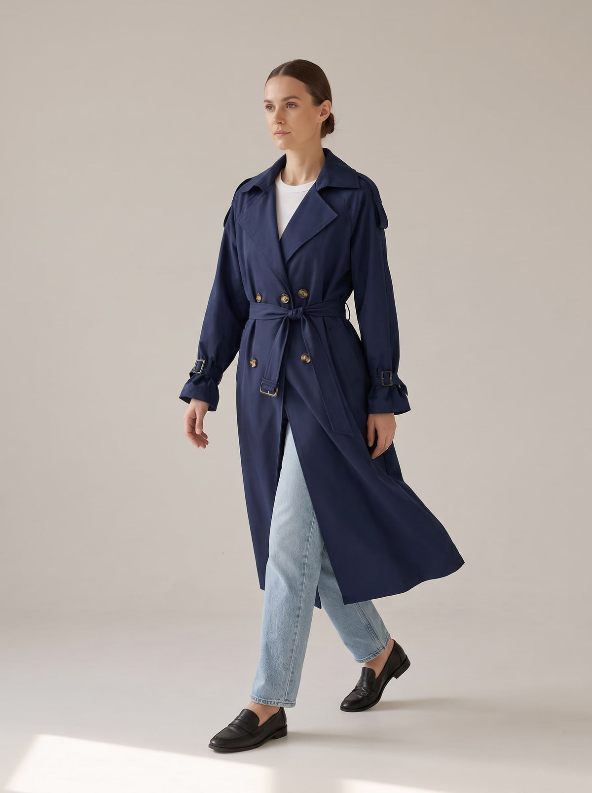 TRENCH DOPPIOPETTO CON CINTURA Blue Navy - in movimento - IRONICA